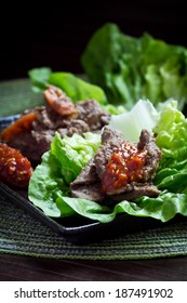 Korean Bulgogi With Ssamjang Sauce Served With Fresh Lettuce