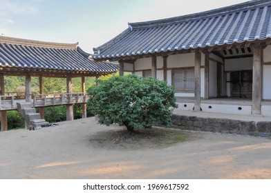 Korean Confucian Academy from Joseon Dynasty era. Courtyard with small tree western dormitory and pavilion. Byeongsan Seowon, Andong, South Korea. - Shutterstock ID 1969617592