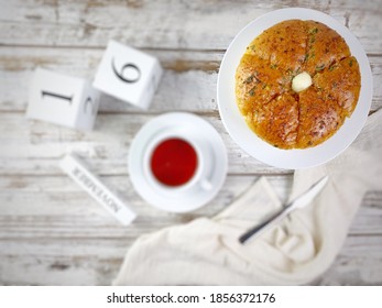 Korean Cream Cheese Garlic Bread On Flatlay Angle With White Background