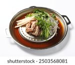 Korean dish: bulgogi hotpot on white background