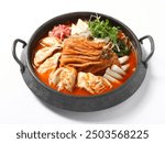 Korean dish: kimchi and dumpling (mandu) hotpot on white background