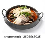 Korean dish: spicy seafood hotpot or haemul tang on white background