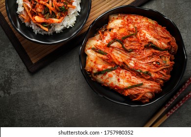 Korean Food, Kimchi Cabbage In A Bowl And Rice.