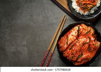 Korean Food, Kimchi Cabbage In A Bowl And Rice.