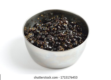 Korean Food Kongjaban(black Bean And Sesame Seed Cooked In Soy Sauce) In A Stainless Steel Bowl