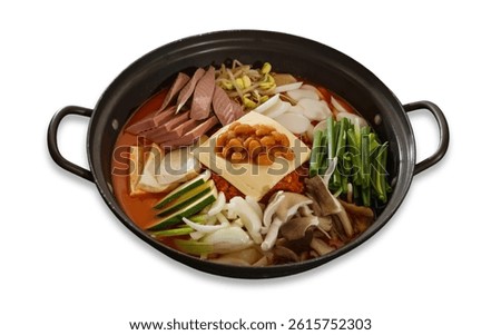 Korean food photo budae jjigae, hot pot fusion in a pot isolated on white background
