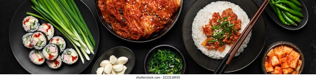 Korean Food, Rice, Kimchi, Kimbap, Pickled Radish, Vegetables And Herbs, Flat Lay, Banner