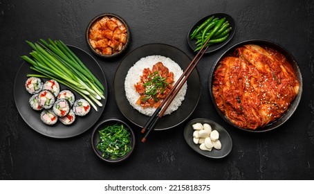 Korean Food, Rice, Kimchi, Kimbap, Pickled Radish, Vegetables And Herbs, Flat Lay