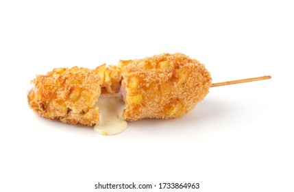 Korean Hot Dog On A Stick, Cheese Filling Corn Dog Isolated On A White Background 