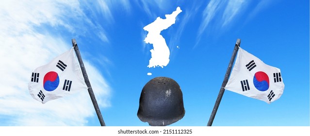 Korean Map, Korean Flags And Old Military Helmets