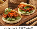 Korean Pao.Bao buns with chicken crispy and vegetable. Asian cuisine