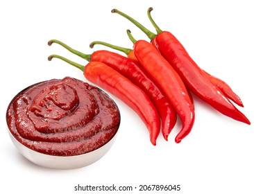 Korean pepper paste and red pepper isolated on white background, Gochujang Korean traditionl Chili paste on on white background With clipping path.