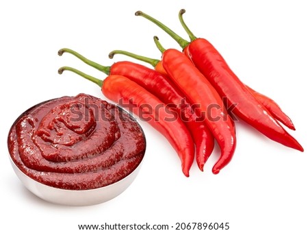 Korean pepper paste and red pepper isolated on white background, Gochujang Korean traditionl Chili paste on on white background With clipping path.
