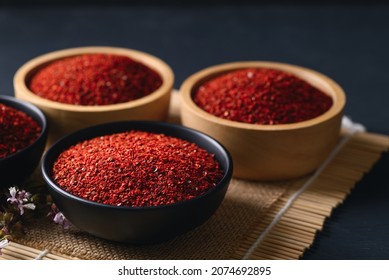 Korean red chili powder in a bowl for cooking, Chili flakes