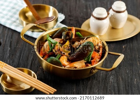 Korean Red Spicy Seafood Soup or Jjampong, Chinese Restaurant Menu Popular in Korean