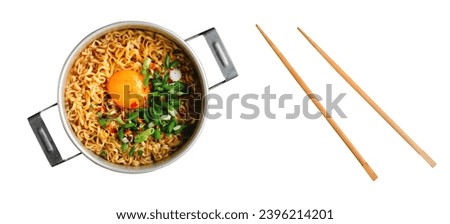 Korean Style Instant Noodles, Shin Ramyeon or Ramyun with Egg, Scallion and Broth, Noodle Soup White Isolated Background