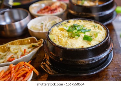 Korean Style Steam Egg Dish And Vegetables On Wood Table. Korean Food.