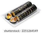 Korean Sushi Rolls or Kimbap isolated on white background, California Maki,  Steamed rice wrapped in seaweed with shrimp eggs meat and vegetable on White With work path.