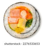 Korean Sushi Rolls or Kimbap is a popular Korean dish isolated on white background, California Maki,  Steamed rice wrapped in seaweed with shrimp eggs meat and vegetable on White With work path.