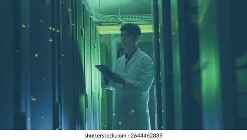 Korean technician in white lab coat inspecting server racks in data center, with tablet computer. Technology, data, infrastructure, cybersecurity, digital, engineering, futuristic