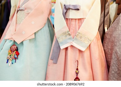 Korean Traditional Clothing Hanbok Displayed In The Store	