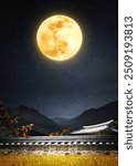 Korean traditional holiday Chuseok thank you banner and Chuseok greeting card background with abundant autumn full moon, tiled house and rice ears
