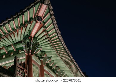 Korean traditional roof eaves, Night view of Hwaseong Haenggung Palace in Suwon, Korea