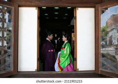 Korean Traditional Wedding. The Bride And Groom In Hanbok.