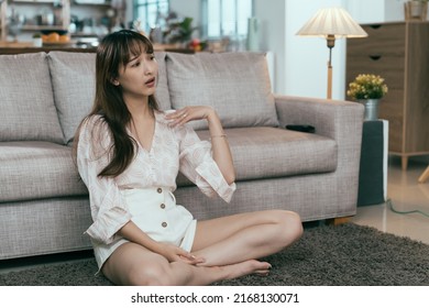 Korean Woman Feels Uncomfortable In Summer And Is Soaked In Sweat. Unhappy Asian Girl Fanning Herself With Hand Wishes The Heat And Humidity Can Fade Away Soon.