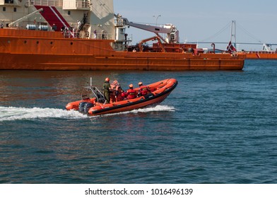 Korsor Denmark - August 22. 2015: Royal Danish Navy RIB Boat Sailing In The Port