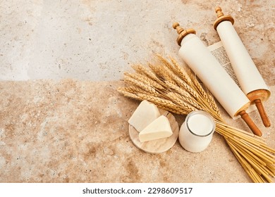 Kosher dairy product for celebration Jewish Holiday Shavuot. Shavuot background.