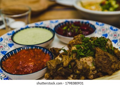 Kosher Meal With Chicken Meat, Bread And Sauces