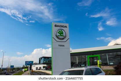 Kosice, Slovakia - May 13, 2022: Company Store Building With An Emblem Of Skoda Auto, Czech Automobile Manufacturer. No People, Cloudy Sky.