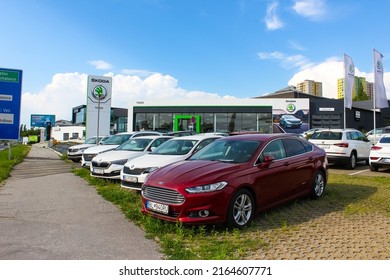 Kosice, Slovakia - May 13, 2022: Company Store Building With An Emblem Of Skoda Auto, Czech Automobile Manufacturer. No People, Cloudy Sky.