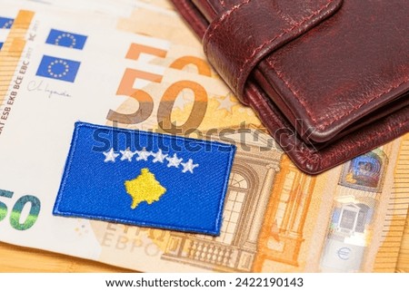 Kosovo euro, Kosovo's entry into the euro zone, financial concept, Common European currency, Kosovo symbol and wallet with euro banknotes