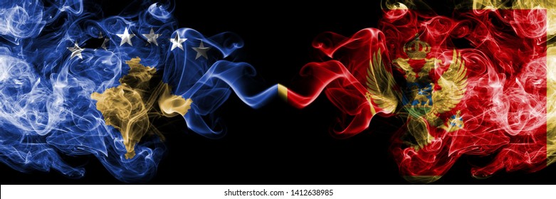 Kosovo, Montenegro competition thick colorful smoky flags. European football qualifications games - Powered by Shutterstock