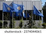Kosovo national flags at the building of the Government of The Republic of Kosovo