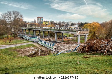 Koszalin, Zachodniopomorskie Poland - November, 26, 2021: Construction disaster of the car overpass. Autumn season. 