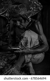 Kota Bharu Kelantan - July 15 : An Old Man Is Making A Wau On July 15 , 2017. A Black And White Image 