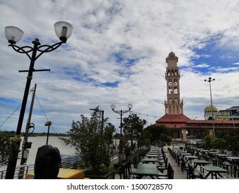 Kota Bharu, Malaysia - September 2019 : View Of Clock Tower Tambatan Di Raja Among The Locals Located At The River Bank Of Kelantan River. 