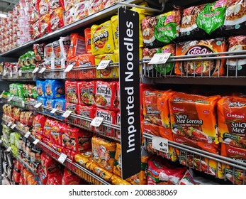 Kota Kemuning, Malaysia - 11 July 2021 : Imported Noodles Section Display For Sell In The Supermarket With Selective Focus. Mobile Photography.