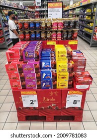 Kota Kemuning, Malaysia - 11 July 2021 : Assorted A Packed Of Alfredo Chocolates Display For Sell In The Supermarket With Selective Focus.

