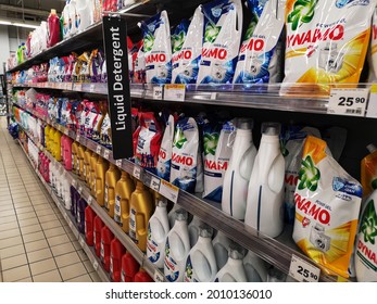 Kota Kemuning, Malaysia - 11 July 2021 : Liquid Detergent Section Display For Sell On The Supermarket Shelves With Selective Focus.