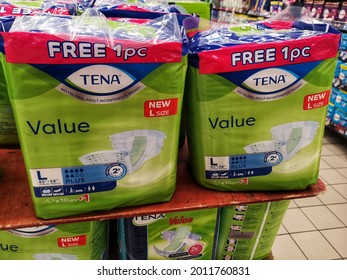 Kota Kemuning, Malaysia - 11 July 2021 : TENA Adult Diapers Pack Display For Sell In The Supermarket With Selective Focus.

