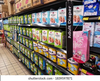 Kota Kemuning, Malaysia - 19 October 2020 : Adult Diaper Section Display For Sell In The Supermarket With Selective Focus.

