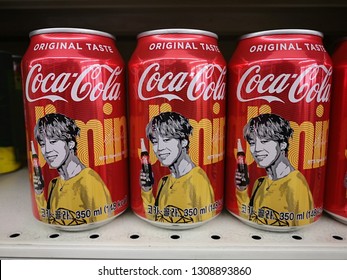 Kota Kemuning, Malaysia - 5 February 2019 : Korean boy band BTS in limited-edition collection on Coca-Cola Carbonated soft drink cans display for sale in the supermarket shelf. 