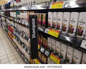 Kota Kemuning, Malaysia - 7 February 2021 : Shampoo Section Display For Sell In The Supermarket Shelves.

