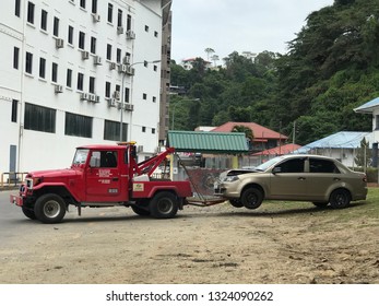 Kota Kinabalu Sabah 6 Feb 2018 . Red Towing Car Was Towing A Car . Be Careful On The Road And Not Involved Ourselves Into Accident. 