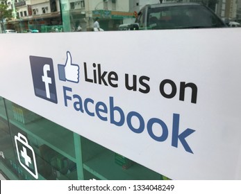 Kota Kinabalu Sabah 6 Feb 2018  . Like Us On Facebook Sign At Shop Entrance. Facebook Is A Good Marketing Medium Now A Day. 