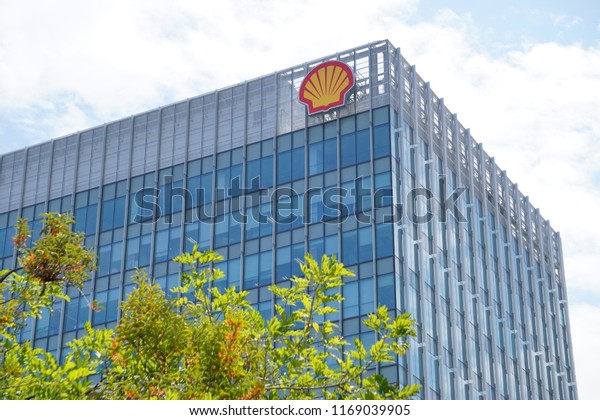 Kota Kinabalu Sabah Malaysia - Aug 31, 2018 : Shell\
logo at Shell Plaza building in Kota Kinabalu.Royal Dutch Shell\
sold its Australian Shell retail operations to Dutch company Vitol\
in 2014.